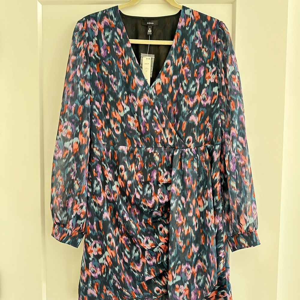 Aqua Metallic Print Faux Wrap Dress NWT M - Picture 3 of 9